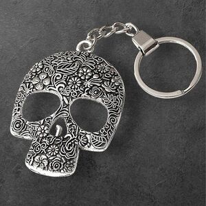 Gothic Silver Sugar Skull Embossed Key Ring 
Key Chain